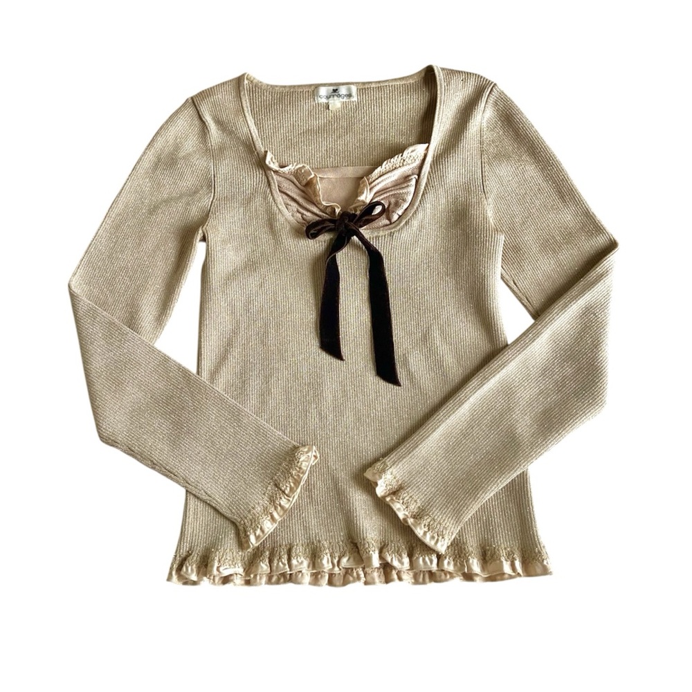 Elegant Courreges Beige Ruffle Long Sleeve Top with Brown Velvet Bow Detail